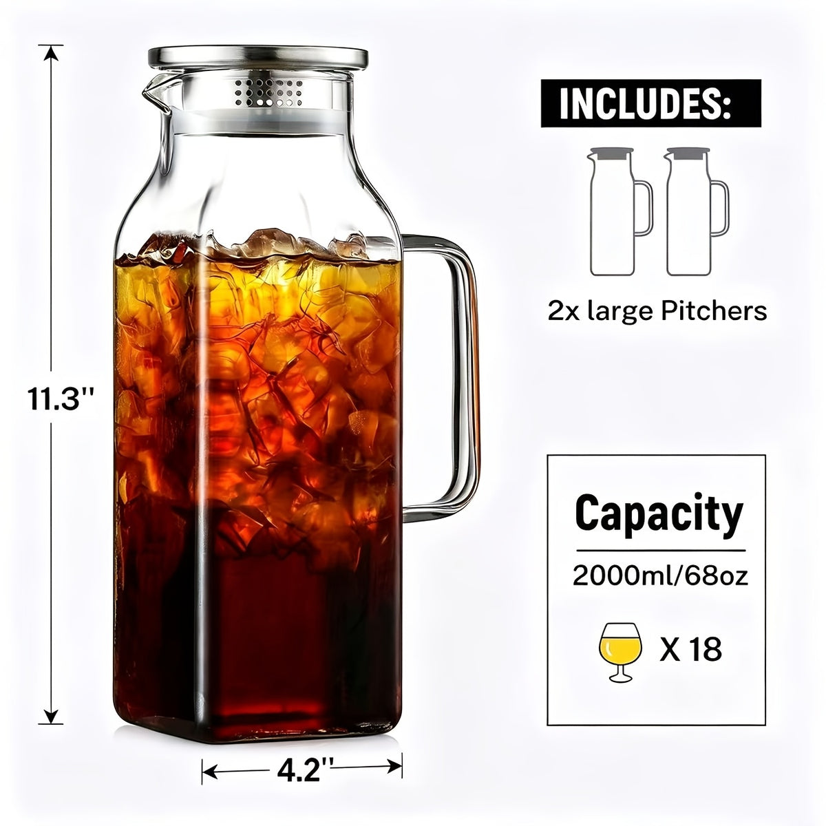 1/2 Pack 2 Liters/68 Oz Square Glass Pitcher with Lid And Handle for Fridge, Iced Tea And Coffee Carafe Beverage Serveware, Heat Resistant Borosilicate Water Jug for Hot/Cold Drinks And Milk, 304 Stainless Steel