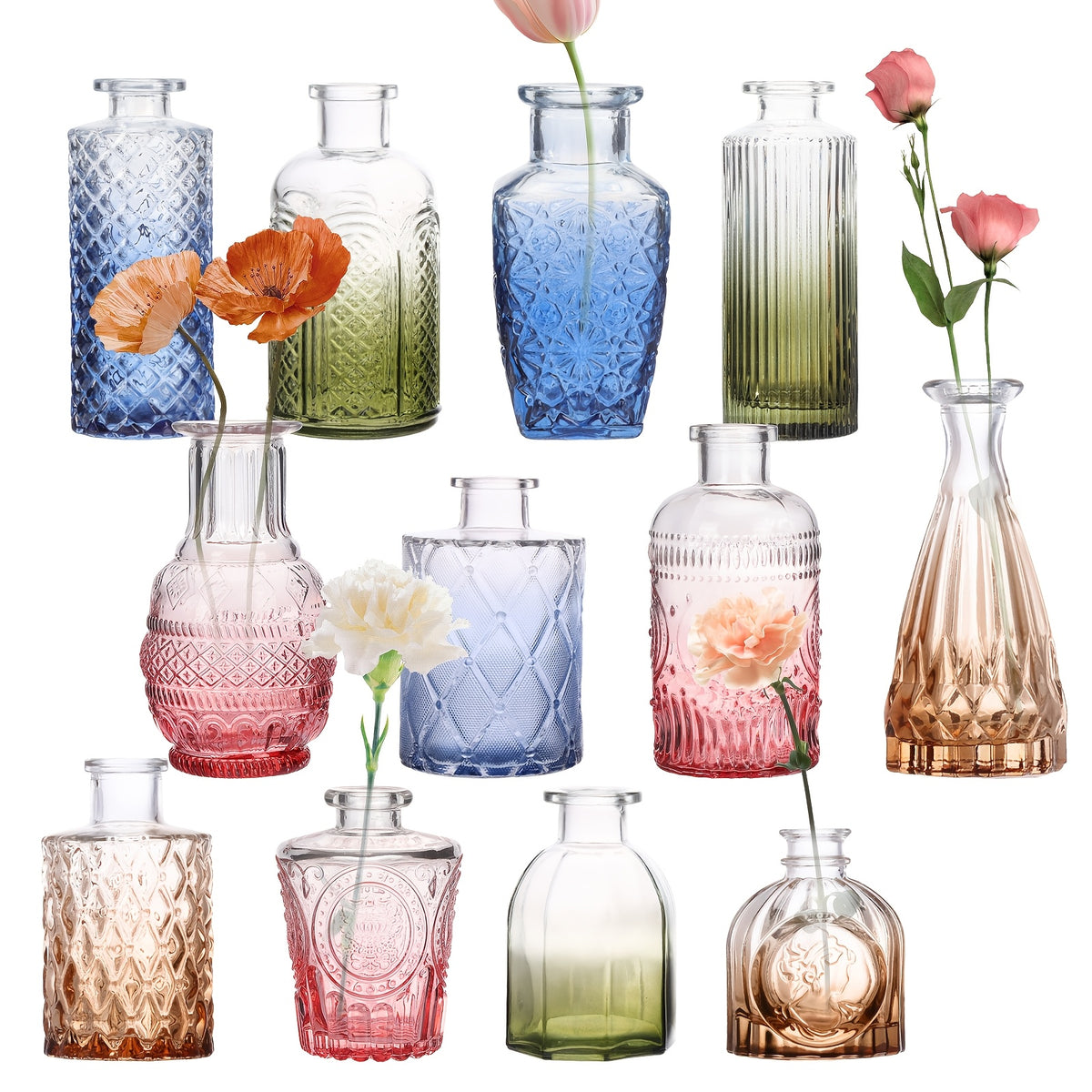 TOMNK 12pcs Glass Bud Vase Set in Bulk, Gradual Muti Colours Relief Vase for Centerpieces, Mini Vintage Glass Flower Vases for Wedding Home Table Party Decor