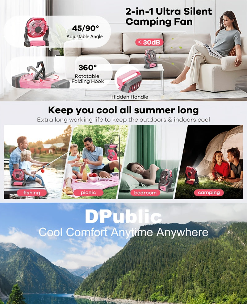 Rechargeable Misting Camping Fan, 20000mAh Portable Outdoor Fan with 4 Speeds, 200ml Water Tank, RGB Lighting and USB Output for Tent and Patio Use