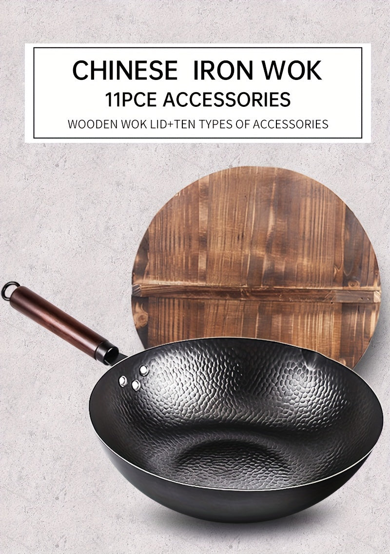 Cast Iron Wok with 11pcs Cookware Accessories, Chinese Wok Pan 12.6 Inch, Stir-fey Pan, Flat Bottom Carbon Stell Wok,, for Induction, Electric, Gas, Halogen, All Stoves, Kitchen Utensils, Kitchen Gadgets, Kitchen Accessories, Home Kitchen Items