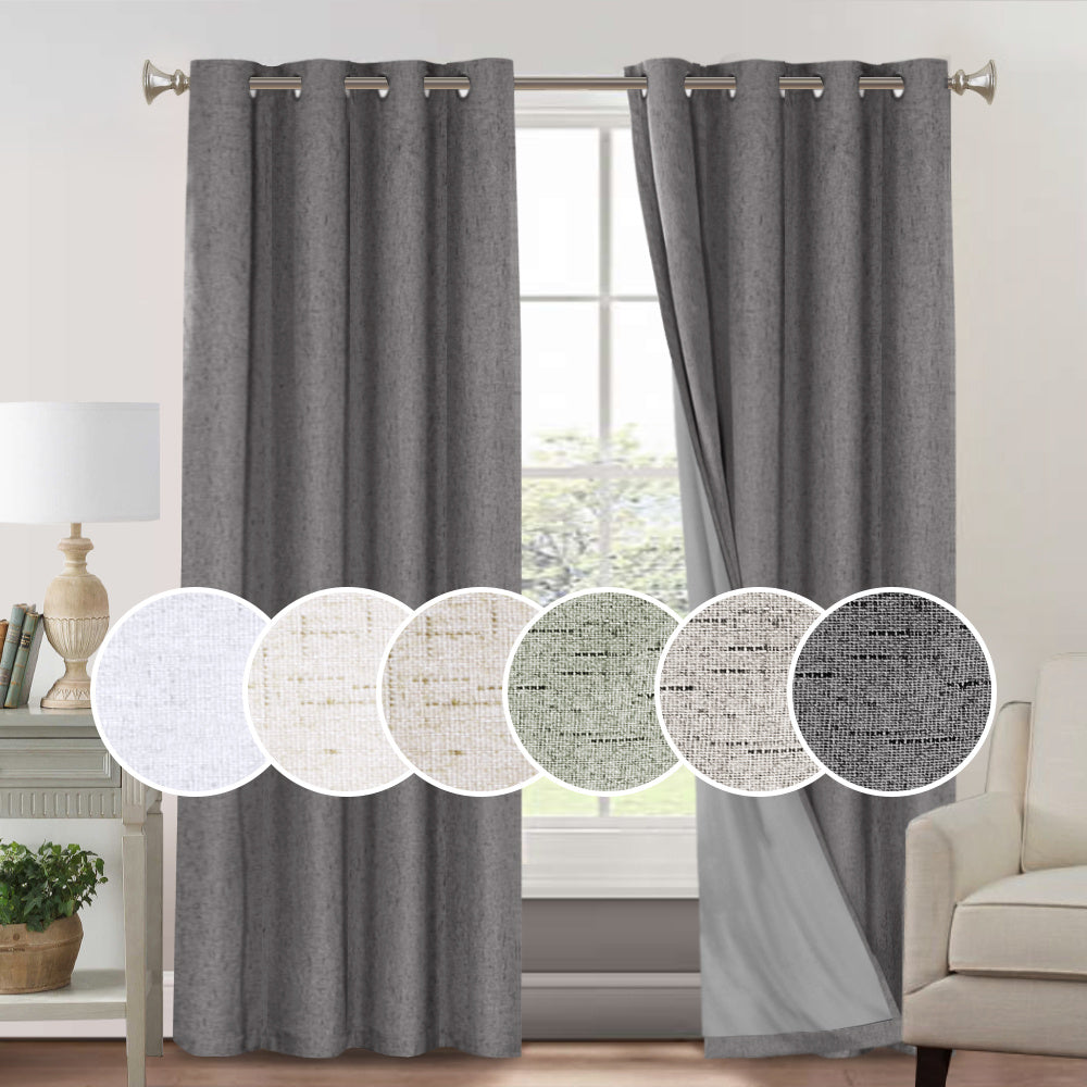 2 Panels 100% Blackout Linen Textured Curtains Thermal Insulated Curtains for Winter Noise Reducing Window Drapes with Grommet for Hall Room Bedroom Living Room PRINCEDECO