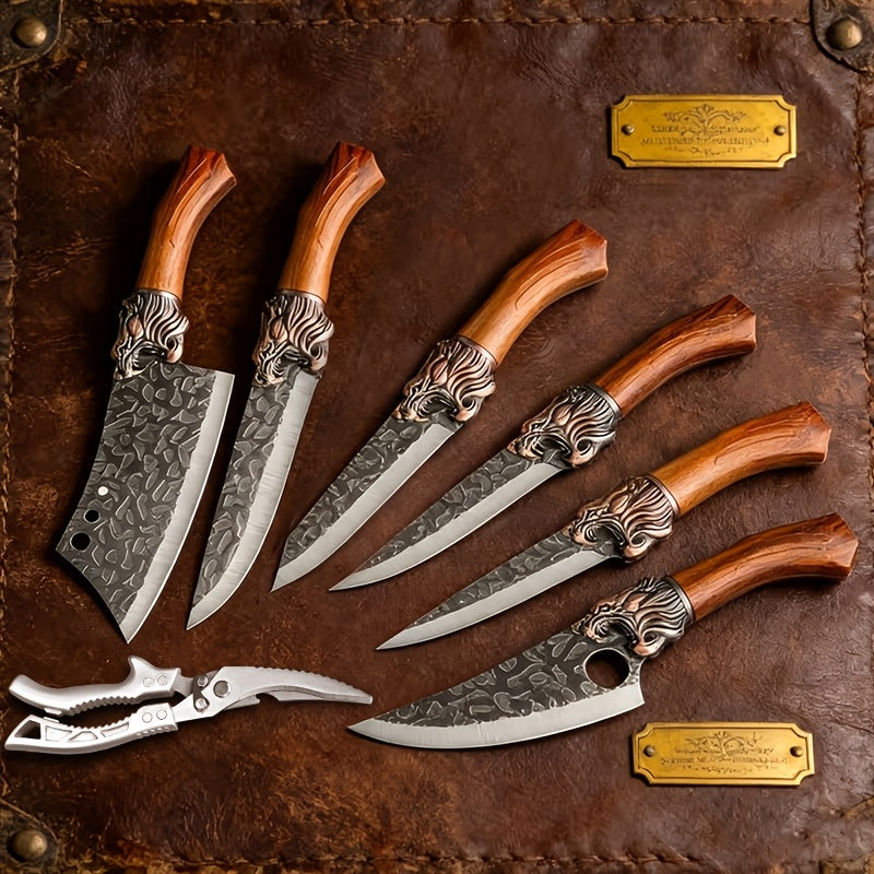 Professional Forged Stainless Steel Kitchen Knife Set(7pcs/6pcs)- Includes a Boning Knife, Slicing Knife, Carving Knife, Fish Knife, Butcher Knife, and Scissors. Suitable for Meat and Fish; Ultra-sharp and Durable Knives.