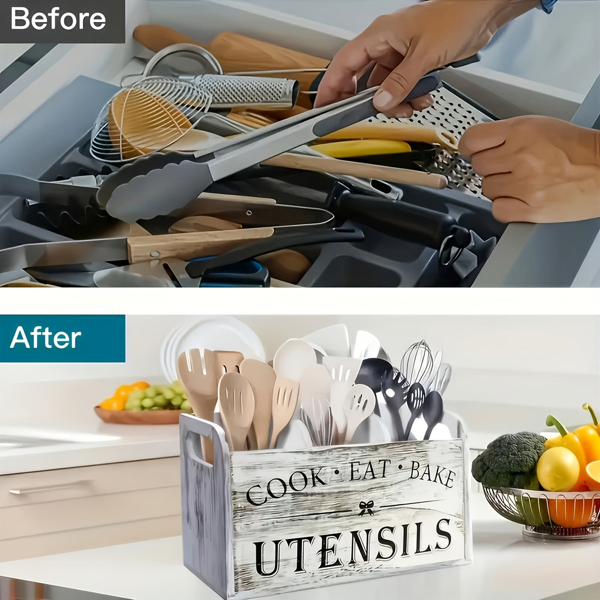 Vintage Wooden Kitchen Storage Box, Three-compartment Design, Cutlery Organizer, Dual-purpose For Countertop Or Wall Mounting, Kitchen Organization, Storage For Cooking And Baking Utensils, Multifunctional And Durable Storage Box.