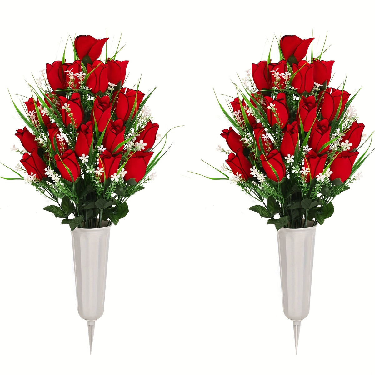 1/2/3pcs Artificial Cemetery Flower For Grave With Saddles, Artificial Silky Rose Flowers And Bouquets With Vases, Memorial Day Flowers For Cemetery, Outdoor Grave Headstones Decoration