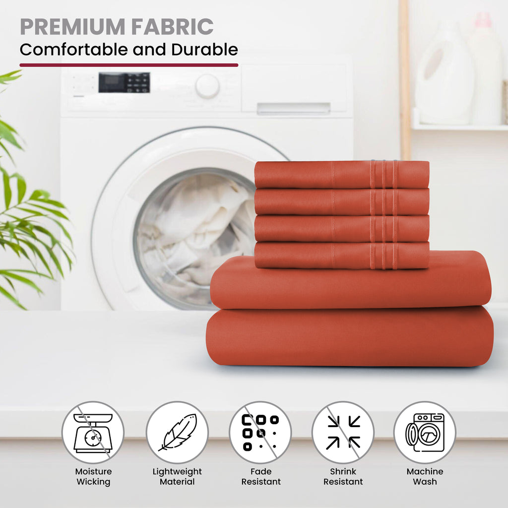 Lux Decor 6 Pieces Solid Bed Sheets Set - Modern Soft Comfortable Bedding Set, Hotel Luxury Skin Friendly Cooling Sheets & Embroidered Pillowcases Without Filler - All Seasons Bed Sheet with 16 Inches deep Pocket, Breathable Skin Friendly & Cooling Sheets