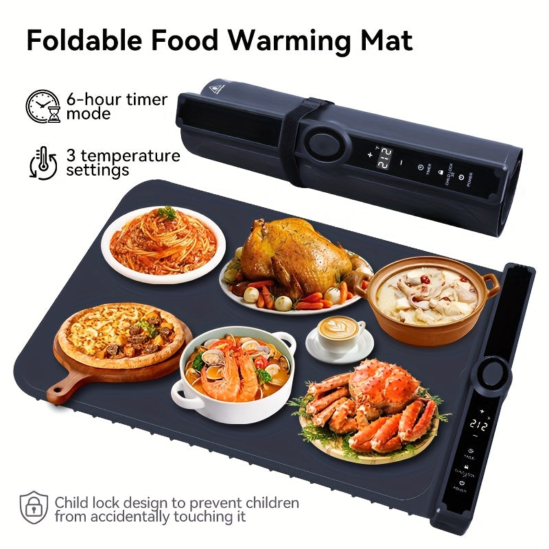 Electric Food Warming Mat, Foldable Silicone Buffet Heating Pad with 3 Temperature Levels and 6-Hour Timer for Parties and Kitchen Countertop Serving