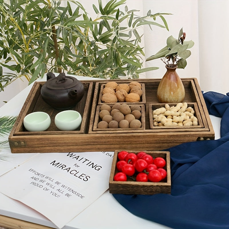 7pcs Paulownia Wood Nesting Serving Trays Set - Wood Grain Suitable for Home Decor, Coffee Table, Rustic Farmhouse Organizer with Space-Saving Nestable, Lightweight Breakfast & Party Trays for Snacks, Desserts, Drinks