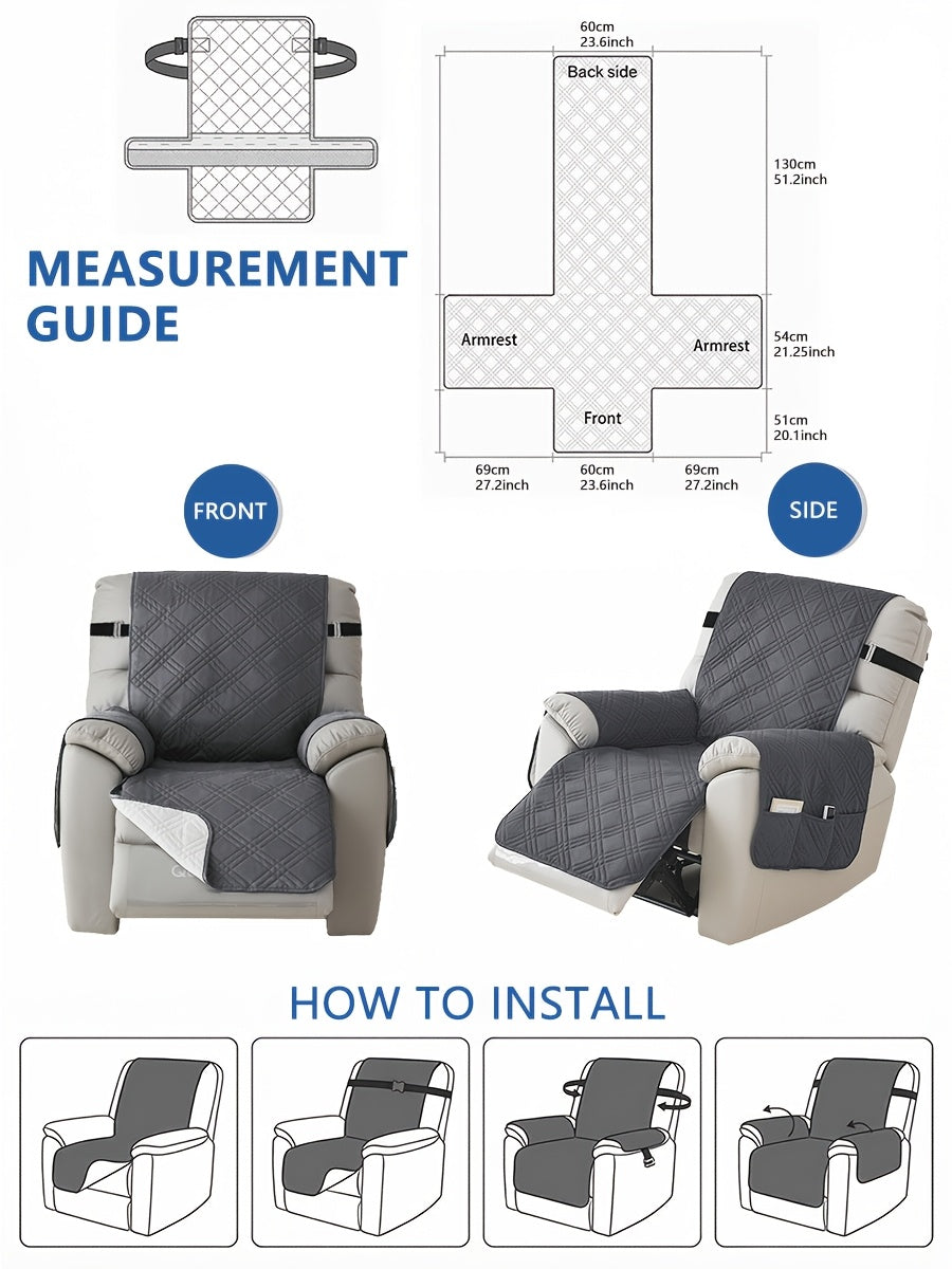 Recliner Protector Cover with Side Pocket, One-Piece Quilted Chair Cover with Elastic Band for Pet Households and Everyday Living Room Furniture Care