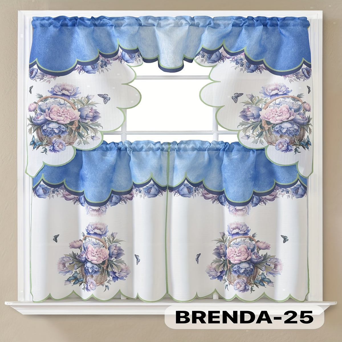 3pcs Bamboo Embroidered Kitchen Curtain Set, Floral Embroidery, Lightweight and Soft, Easy Care, Machine Washable, Satin Fabric, Embroidered