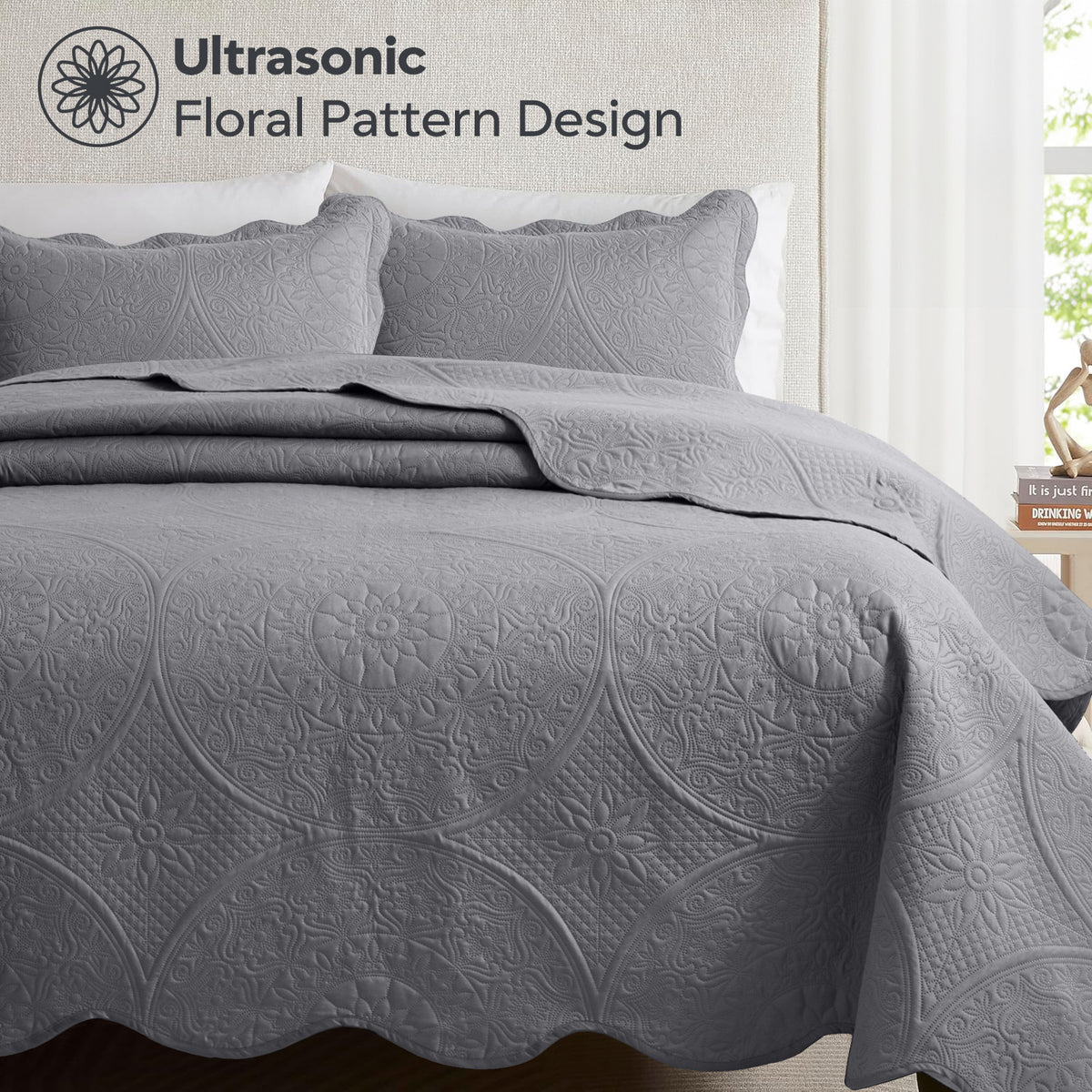 3pcs Luxury Quilted Bedspread Set – Oversize Quilt Coverlet Soft & Cozy Floral Bedspread with Pillow Shams, Breathable Lightweight for Bedroom & Guest Room Decor
