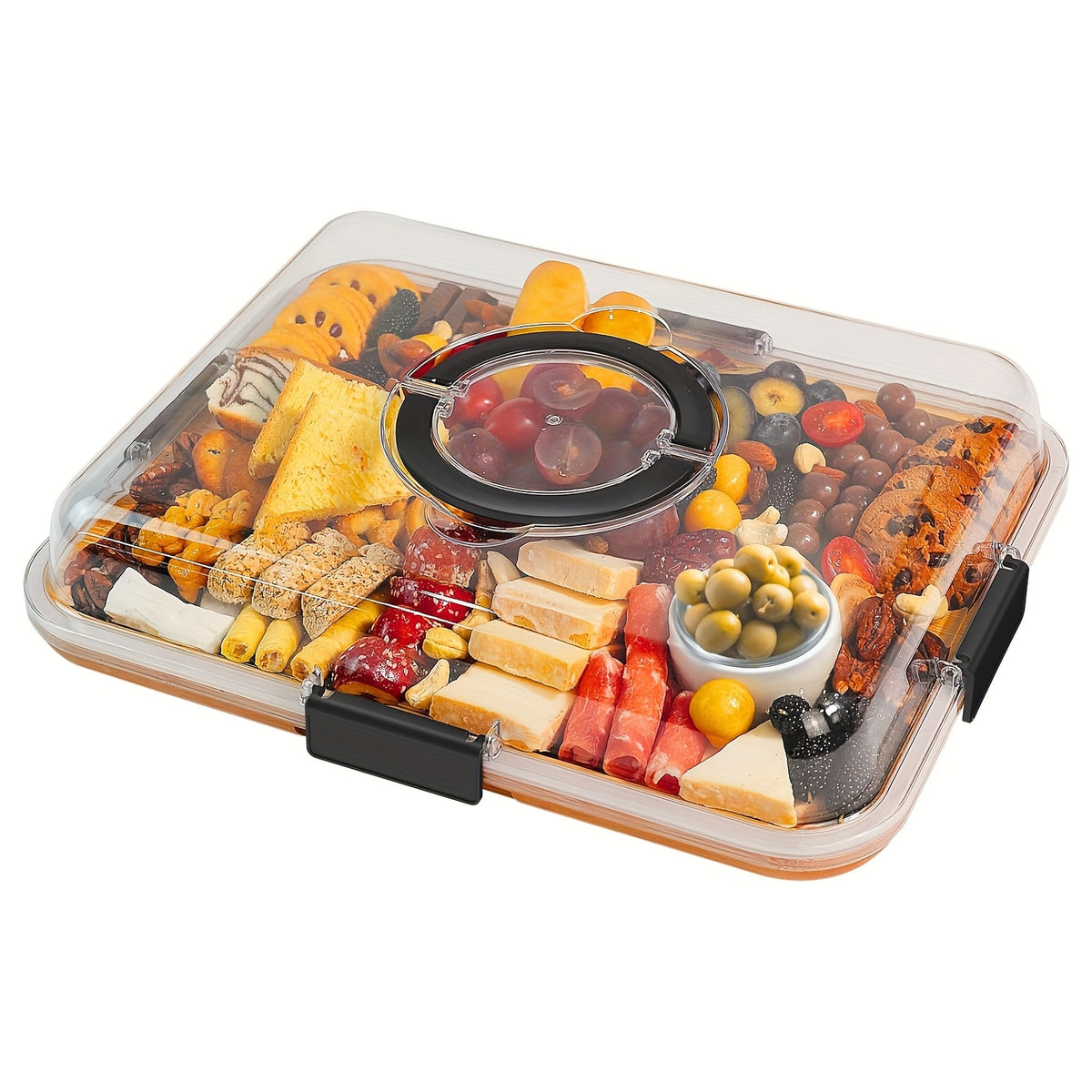 1pc Bamboo Cheese Tray with Transparent Acrylic Lid - Portable Deli Platter for Camping, Parties, Restaurants | Serving Tray for Holiday Appetizers, Charcuterie & Snacks, Party Snack Organizer, Secure Snapon Lid
