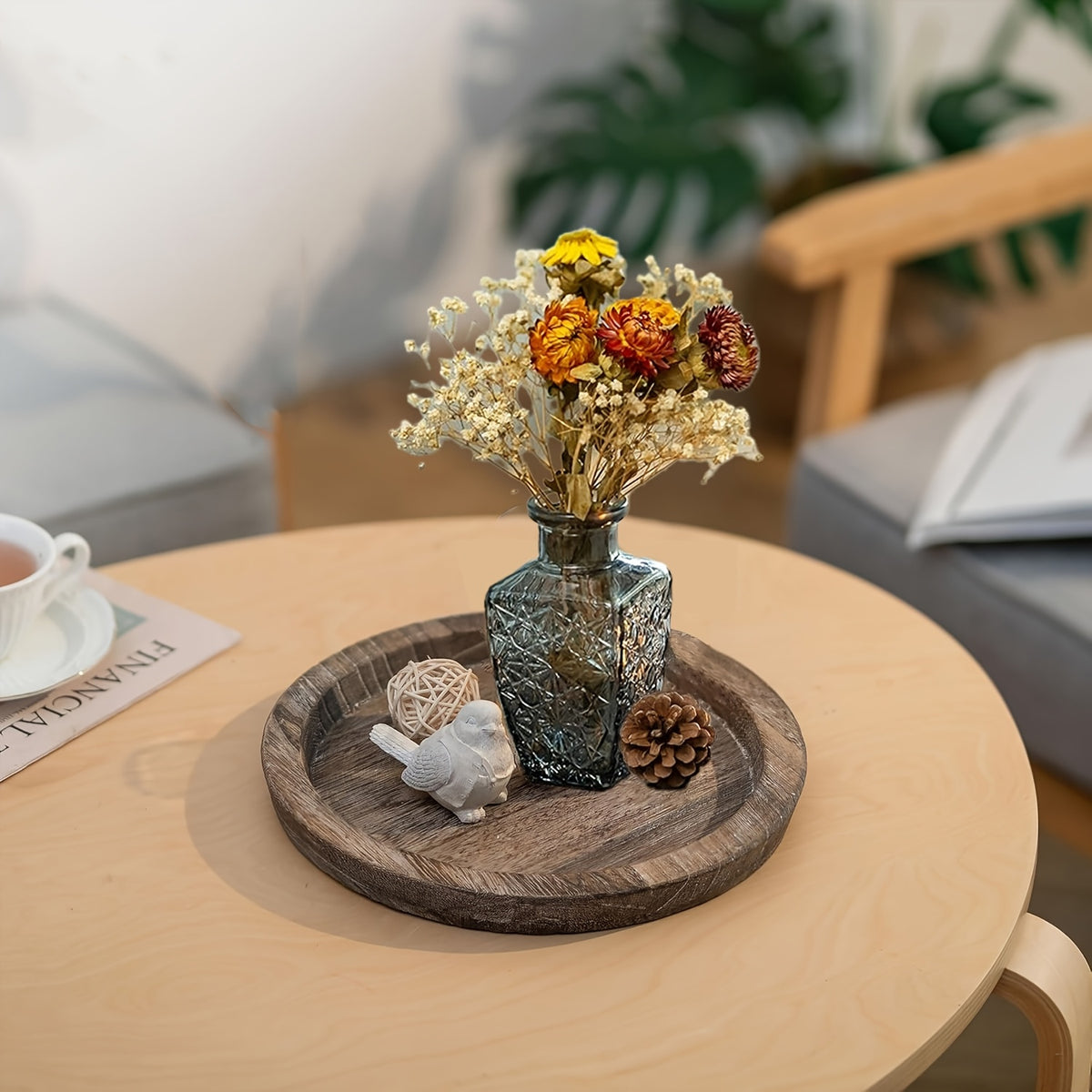Rustic Round Wooden Decorative Tray, Distressed Wood Serving Tray for Coffee Table, Farmhouse Ottoman Tray for Living Room, Kitchen Counter Decor, Candle Holder Base, Non-Food Contact