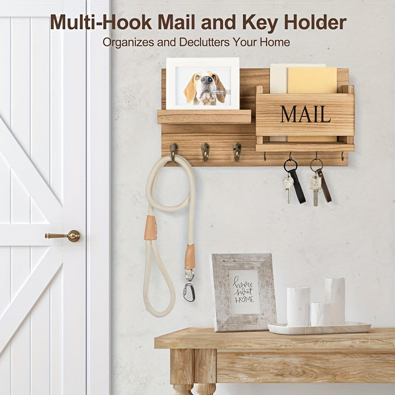 Solid Wood Wall-Mounted Storage Rack with Mailbox Slot, Door Handle & Decorative Hooks - Multifunctional Organizer for Keys, Hats, Books - Space-Saving Entryway, Bedroom, Bathroom, Living Room - Durable Wooden Construction, Contemporary Design, Wooden Sto