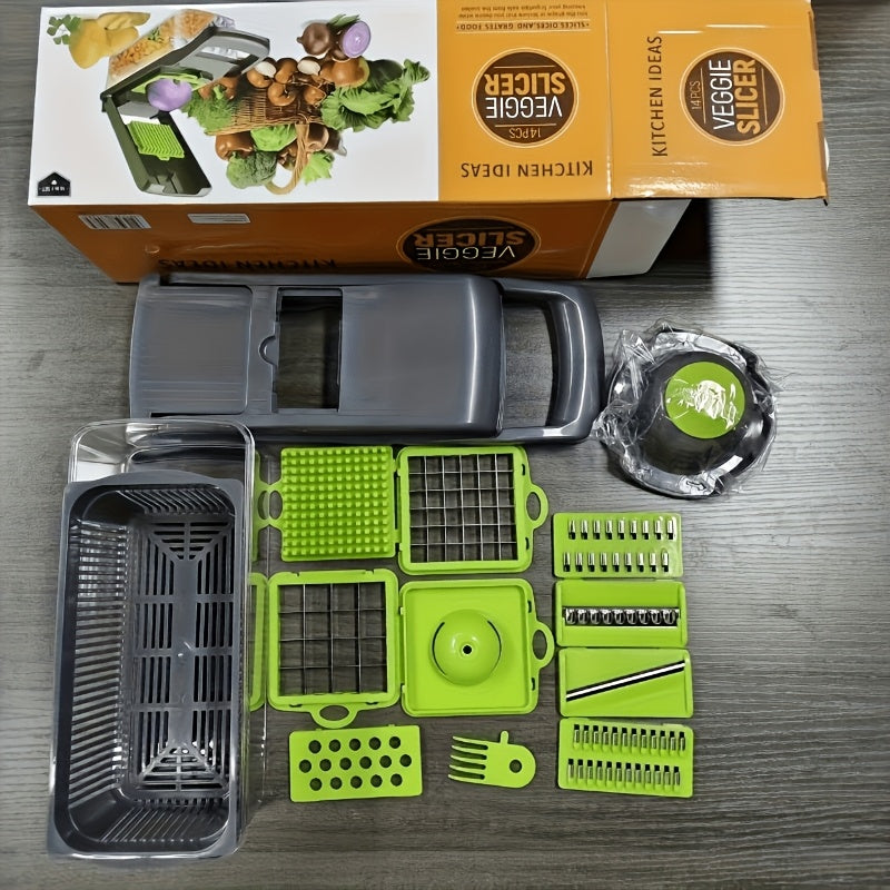 14-in-1 Multifunctional Vegetable Chopper with Large Capacity Collector | Stainless Steel Blades, Manual Operation, Includes Egg Separator, Easy to Clean, Ideal for Dicing, Slicing, and Grating Vegetables and Fruits