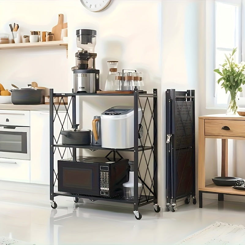 3-Layer Foldable Storage Rack with Wheels | High Load-bearing Capacity, Suitable for Garage and Kitchen Use, Black Iron Shelving Unit, Practical and Multipurpose, Utility Racks