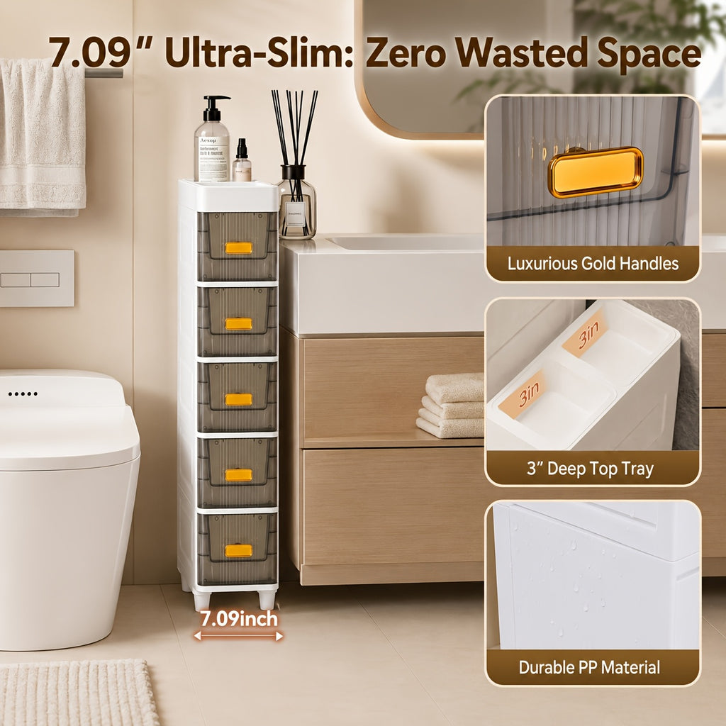 Deluxe Slim Storage Cabinet with Drawers - Durable Waterproof PP Material, Multi-Purpose Organizer with Ample Storage for Bathroom, Kitchen, Personal Care Product Dispensers, and More - Ideal for Small Spaces, Storage Drawer Units