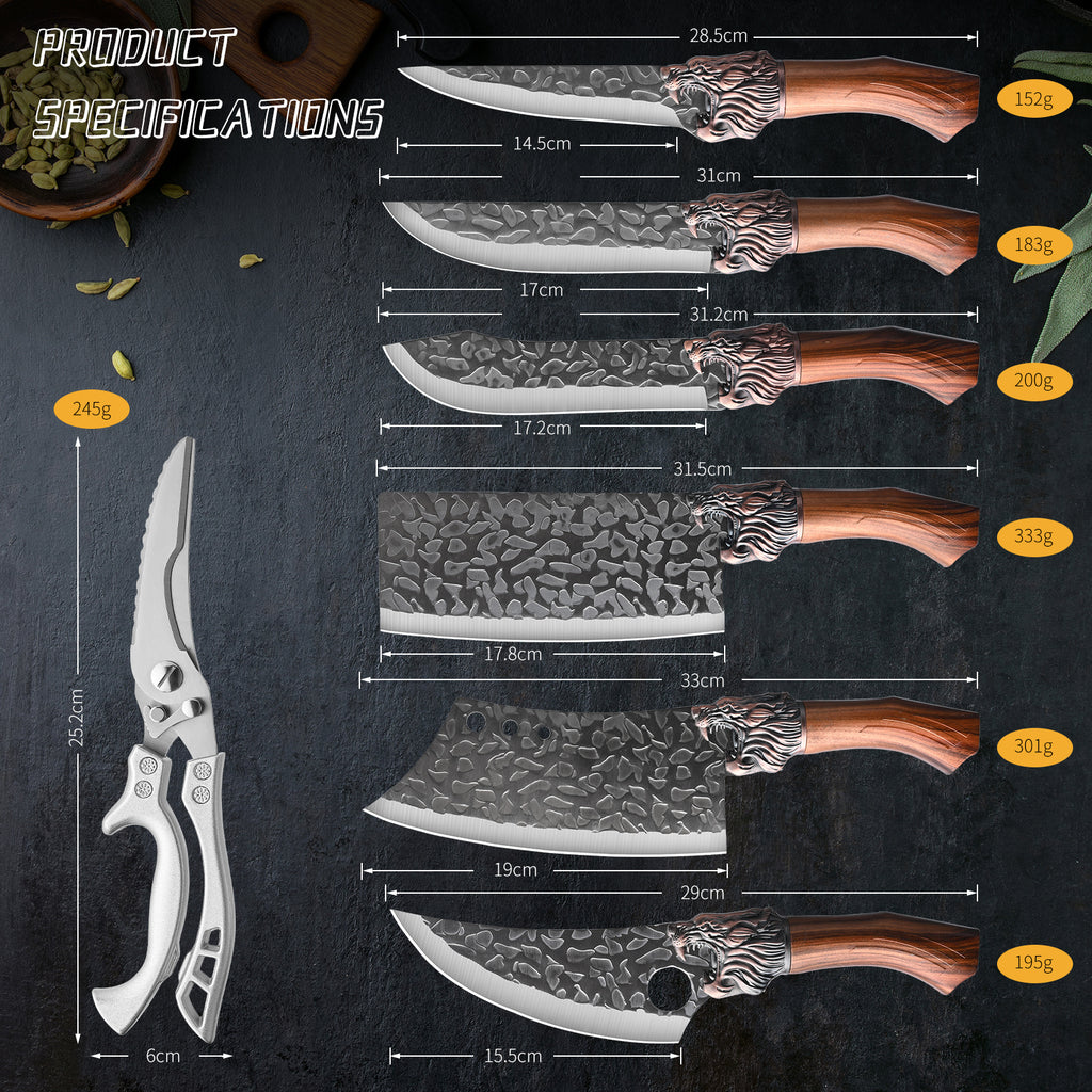 7pcs Chef Knife Set, Hand Forged Damascus Style Blade with Brown Wood Handle, V-shaped Sharp Blade, Suitable for Meat, Fish, Vegetables, Fruits, Professional Kitchen Knives, Suitable for Home Chefs And Chefs (ideal Gift) - Ergonomic Grip