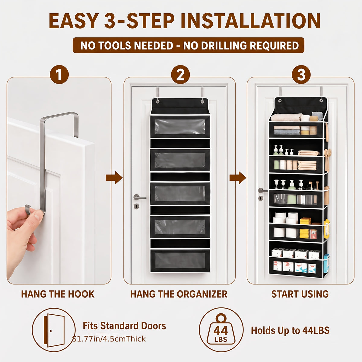[5-Tier Storage Box] Door Storage Box, Hanging Door Storage Box with 5 Large Capacity Pockets | Anti-tilt 44 Pound Load Back Of Door Storage Box for Bedroom, Bathroom, Pantry, Room Storage And Collection Use Over The Door Pantry Organizer