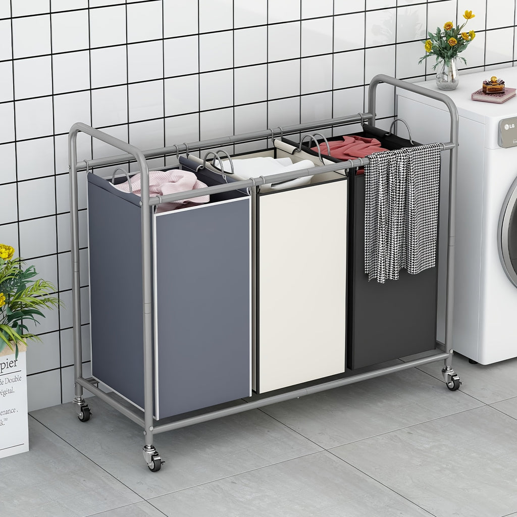 Laundry Basket 3-Bag Sorter 63.4gal Laundry Home Decor Hamper Cart with Heavy Duty Rolling Lockable Wheels And Removable Bags Included for Bedroom, Laundry Room - Sturdy Fabric Storage Bin, Laundry Baskets
