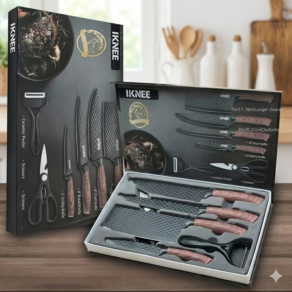Professional 6pcs Kitchen Knives Set, Chef, Cleaver, Slicer, Utility Knife Peeler& Scissors High Carbon Stainless Steel Ultra Sharp with Non-Stick Ergonomic Wood Handle Cooking Chef Knife Set for Home Travel Vegetable, Meat, Fruit Gift Box