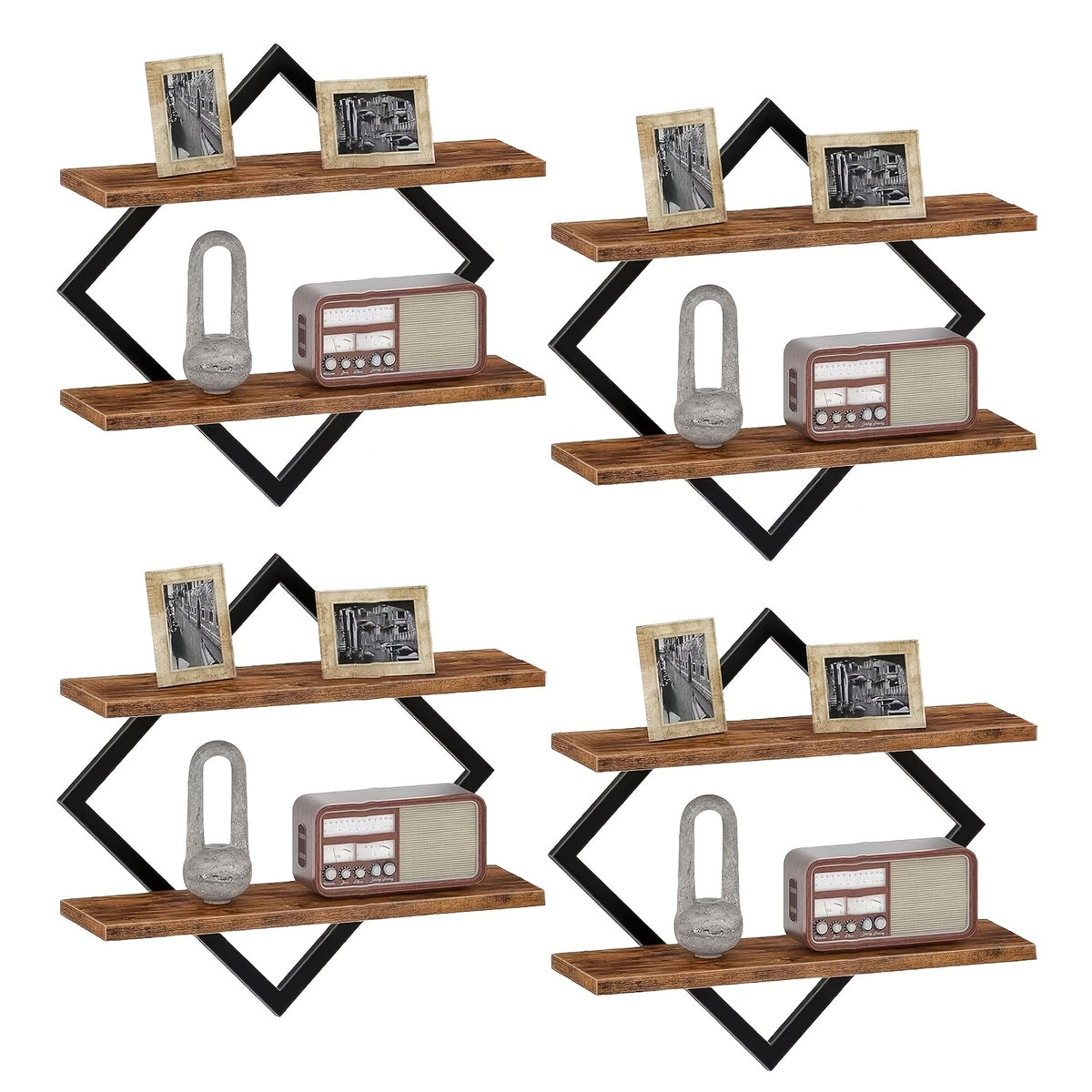 2/4pcs Double Layer Geometric Diamond Wall Floating Shelf Decorative Industrial Hanging Metal Wire Wooden Display Stand, Simple Style Wall Floating Stand, Artistic Style, Suitable for Living Room Kitchen, Floating Shelves