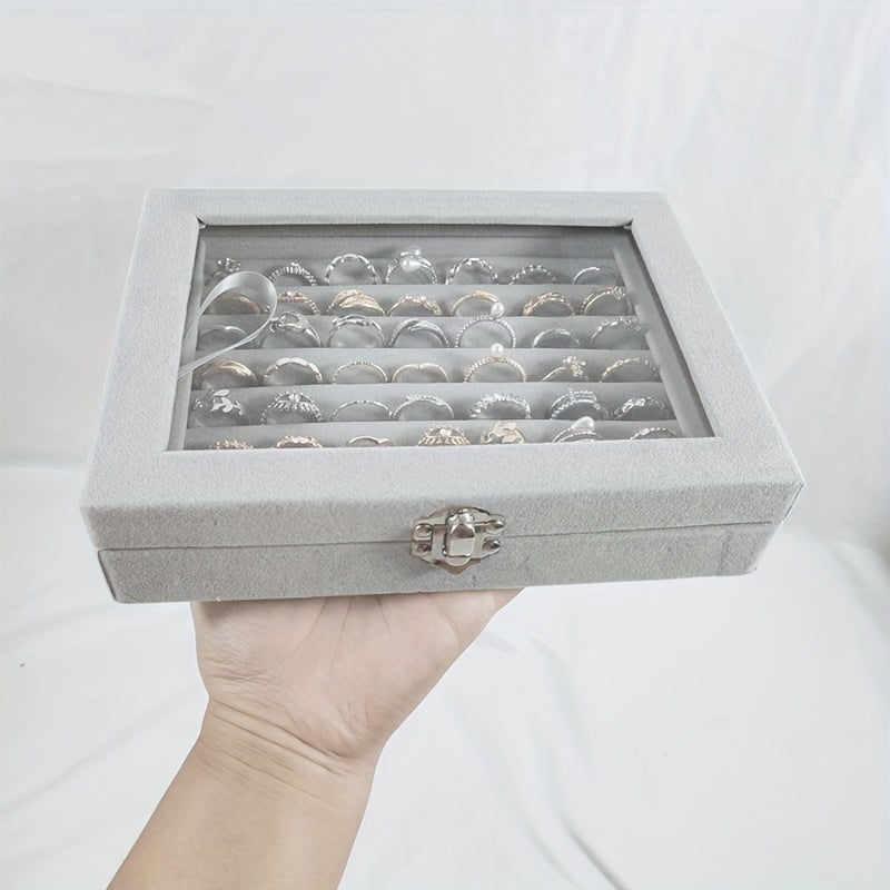49-Ring Capacity Glass-Like Plastic Jewelry Box with Locking Lid - Large Rectangular Ring & Earring Storage Case for,, Dresser Organizer - Waterproof & Anti-Tarnish, 4 Colors (Black, White, Brown, Beige) - Holiday Gift, Jewelry Boxes