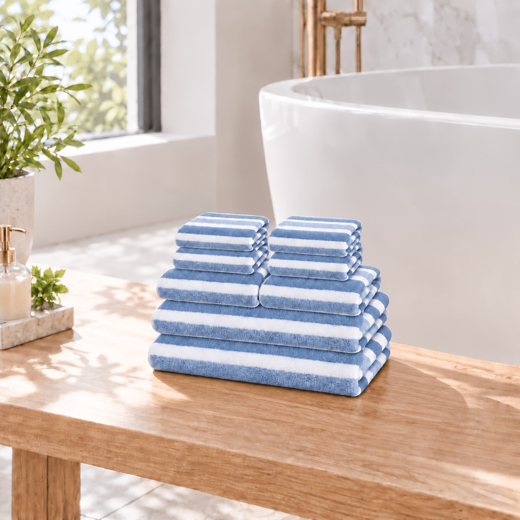 8pcs set, no hair loss, super absorbent, super soft two-color striped interval bath towel combination, including 2 large bath towels, 2 large face towels, 4 hand towels