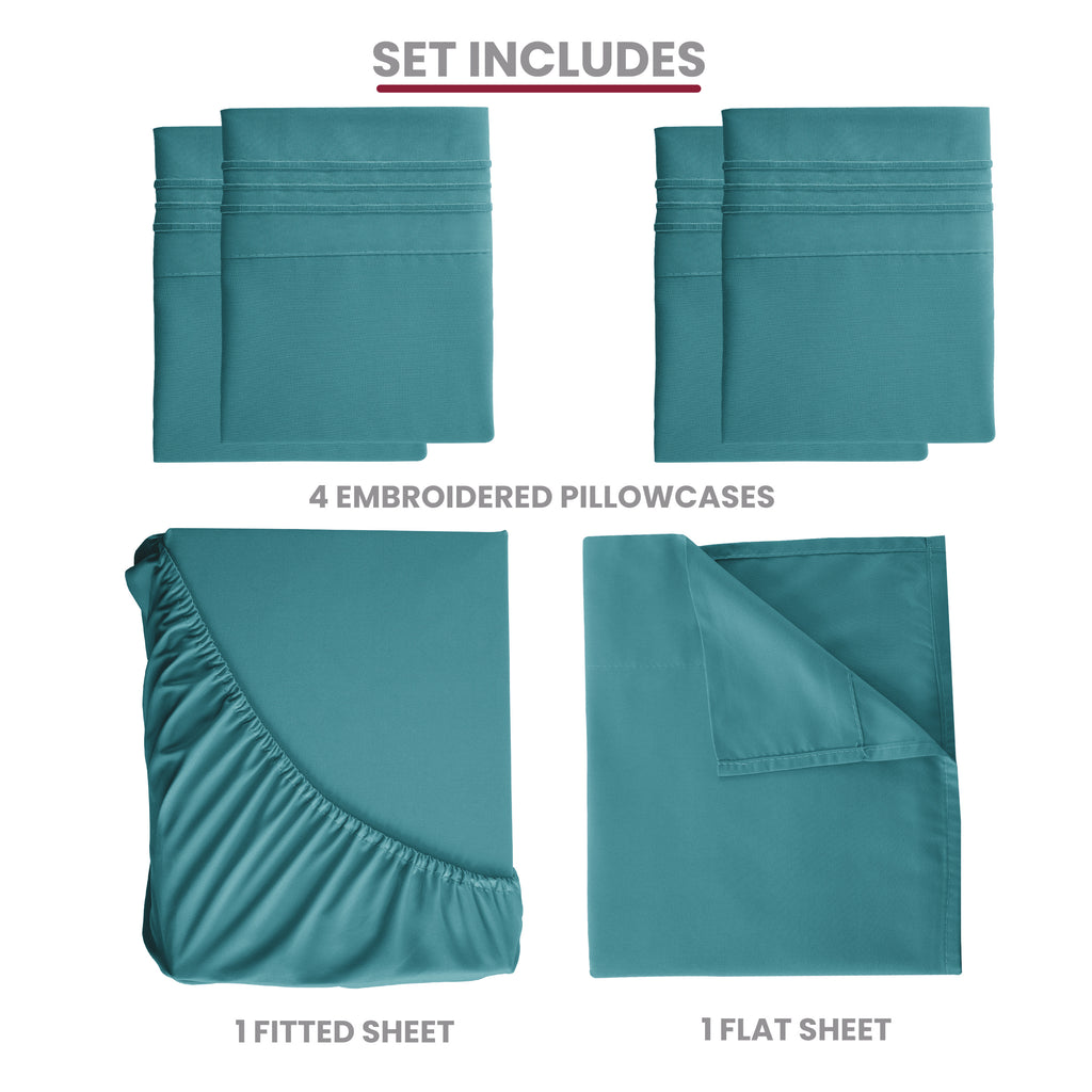 Lux Decor 6 Pieces Solid Bed Sheets Set - Modern Soft Comfortable Bedding Set, Hotel Luxury Skin Friendly Cooling Sheets & Embroidered Pillowcases Without Filler - All Seasons Bed Sheet with 16 Inches deep Pocket, Breathable Skin Friendly & Cooling Sheets