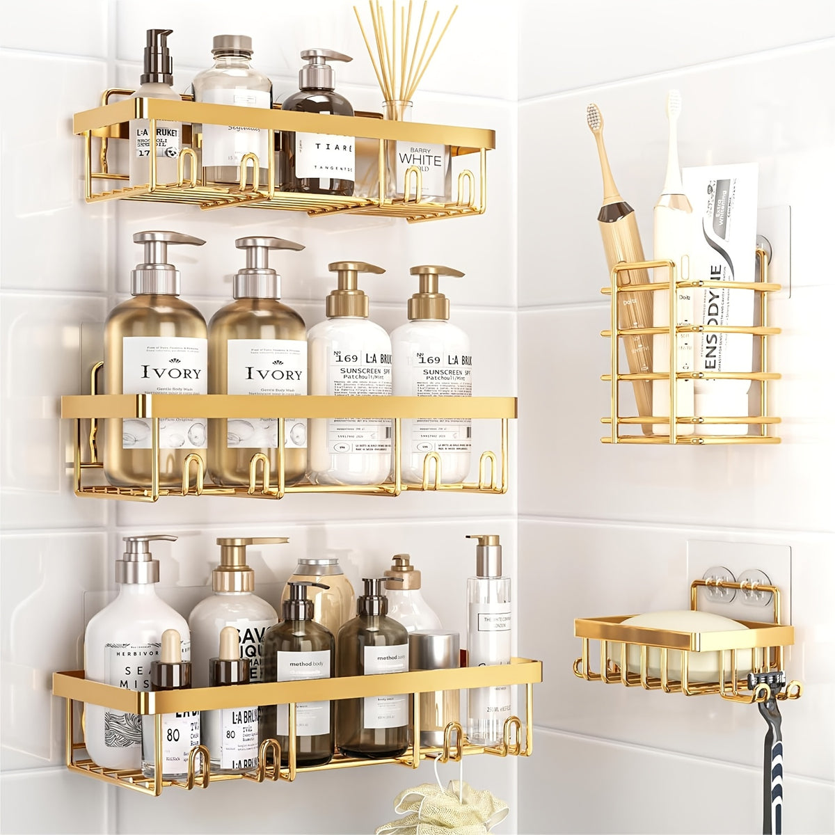 Shower Caddy, 5 Pack Shower Organizer Rack for Inside Shower, Self Adhesived Shower Shelf Large Capacity Rustproof Stainless Steel Bathroom Wall Storage Shower Basket, Random Color Properties to Choose, Shower Caddies