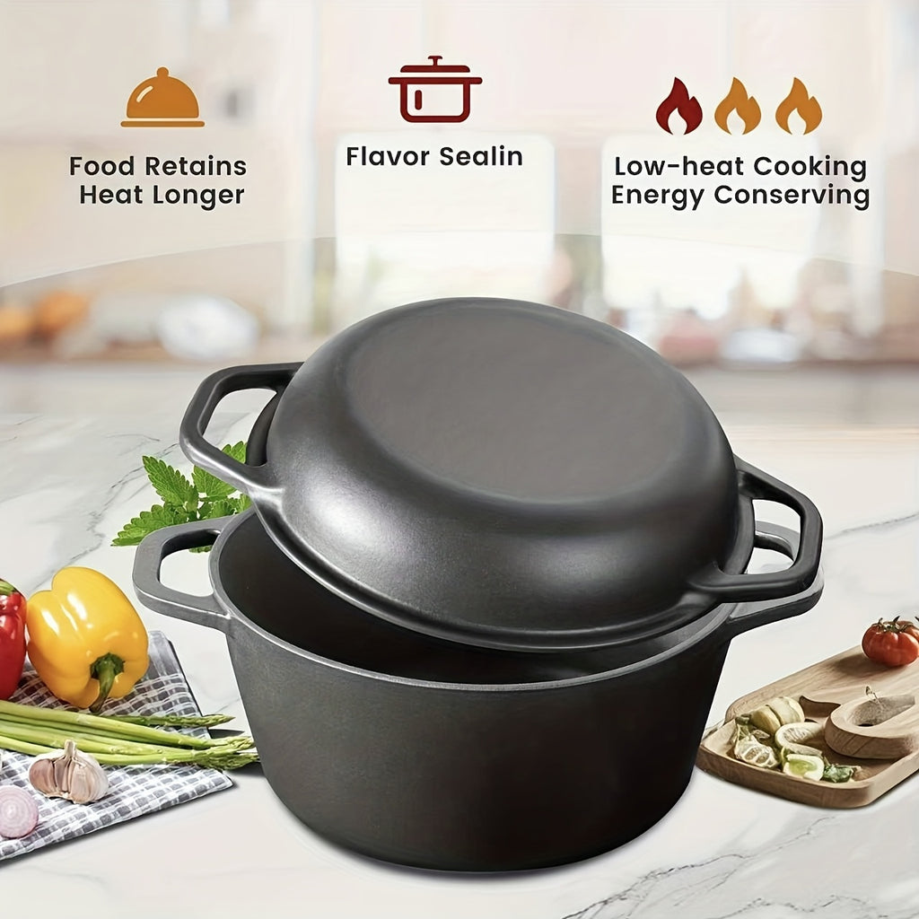 7QT Hand-built 2-in-1 Cast Iron Cookware Set (5.1QT Dutch Oven + 1.9QT Skillet) Dual-Purpose Holiday Cooking Kit For Stove, Induction, Oven, Campfire, With 2 Handles Outdoor BBQ &Indoor Make Sourdough Bread, Frying, Baking, Camping