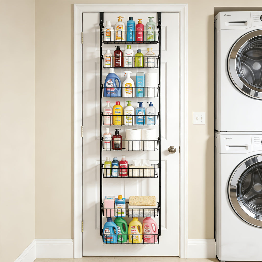 8-Tier & 6-Tier, Over The Door Pantry Organizer, Metal Hanging Storage Shelf, Adjustable Baskets, Spice Rack, For Kitchen, Pantry, Laundry, Bathroom, Multifunctional, Black & White, Door-Mounted Organizer, Utility Racks