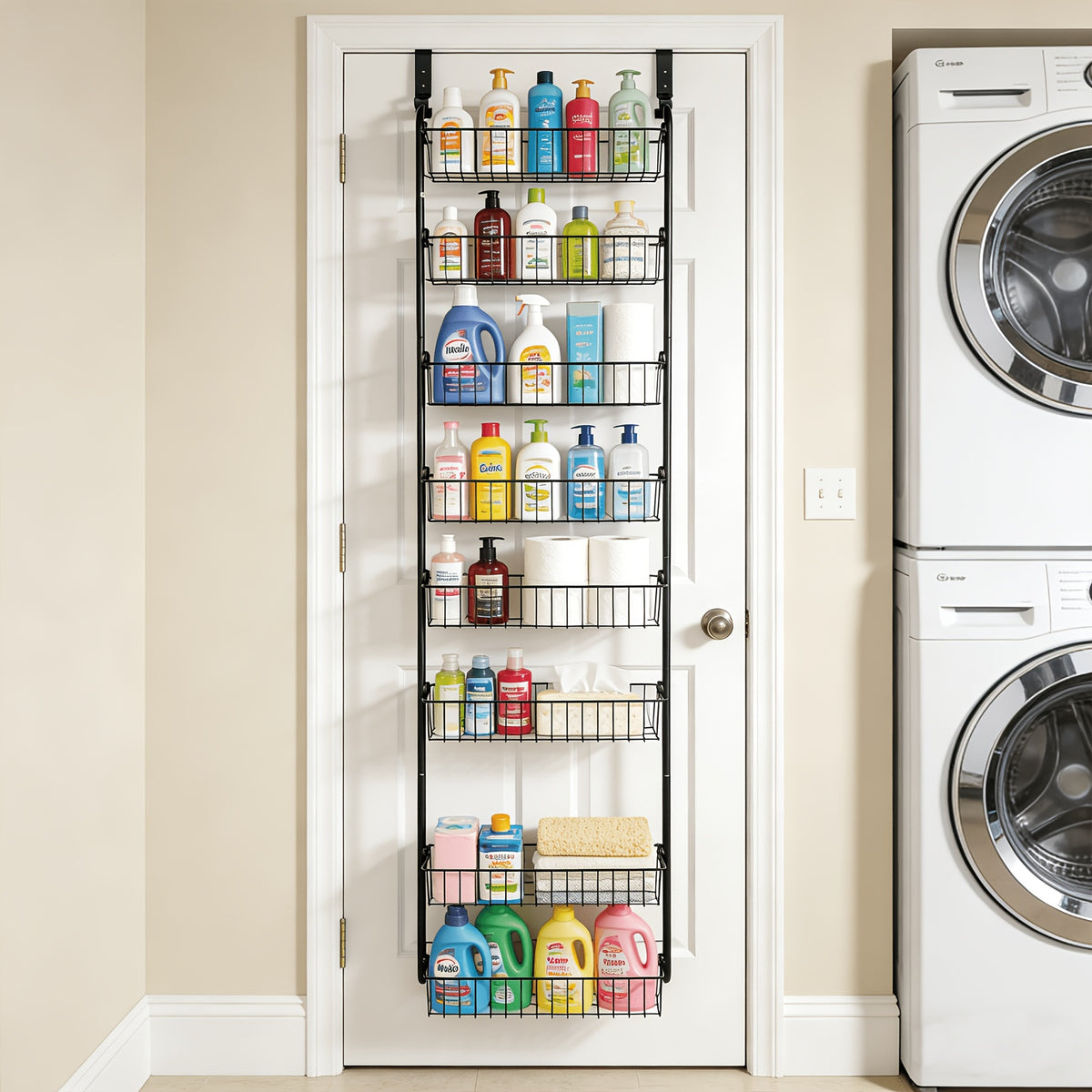 8-Tier & 6-Tier, Over The Door Pantry Organizer, Metal Hanging Storage Shelf, Adjustable Baskets, Spice Rack, For Kitchen, Pantry, Laundry, Bathroom, Multifunctional, Black & White, Door-Mounted Organizer, Utility Racks