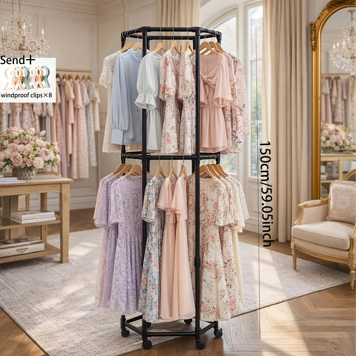 Heavy-Duty Rotating Clothing Rack with Wheels - Freestanding Space-Saving Garment Organizer Suitable for Bedroom, Laundry Room, Commercial Use, Multifunctional Rotating Dresser Rack with Hanging Rods for Coats, Dresses, Pants Storage