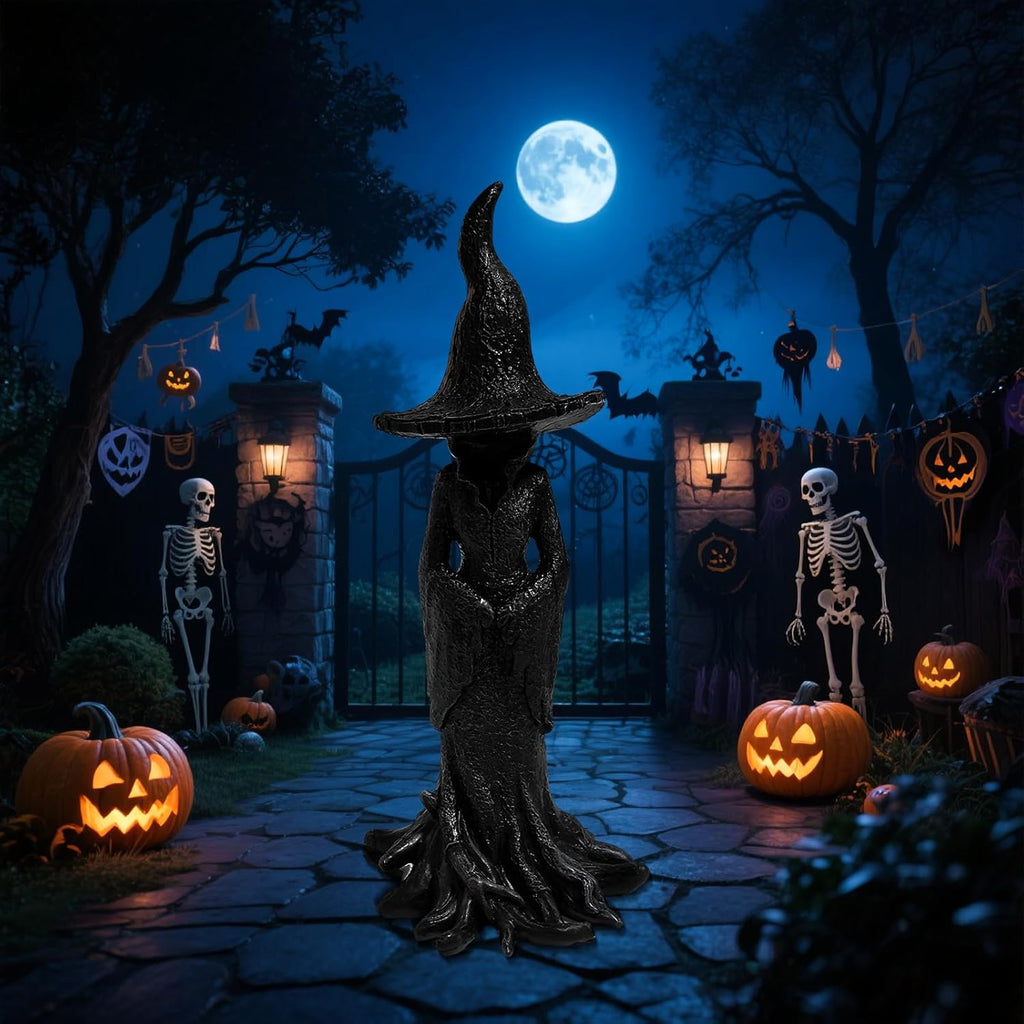 12 Inches 8 Inches Gothic Witch Statue - Hand-Painted Style Plastic Tabletop Decor with Black & Golden Gothic Design, Intricate Witch Figure with Pointed Hat & Expressive Eyes Year-Round Spooky Home Accent for Witch-Themed Parties & Gothic Home Decor