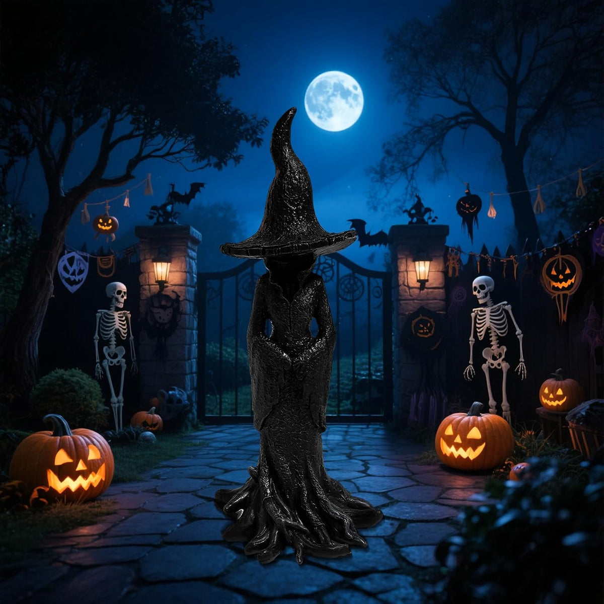 12 Inches 8 Inches Gothic Witch Statue - Hand-Painted Style Plastic Tabletop Decor with Black & Golden Gothic Design, Intricate Witch Figure with Pointed Hat & Expressive Eyes Year-Round Spooky Home Accent for Witch-Themed Parties & Gothic Home Decor