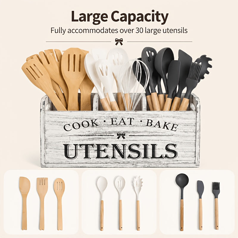LDQ 3-Compartment Extra Large Rustic Wooden Utensil Organizer, Storage Boxes, Countertop & Wall-Mounted Organizer for For Cooking/Baking Tools, More-Space-Saving Multi-Use Storage for Kitchen & Pantry, Kitchen Organizers, Baskets, Bins & Containers