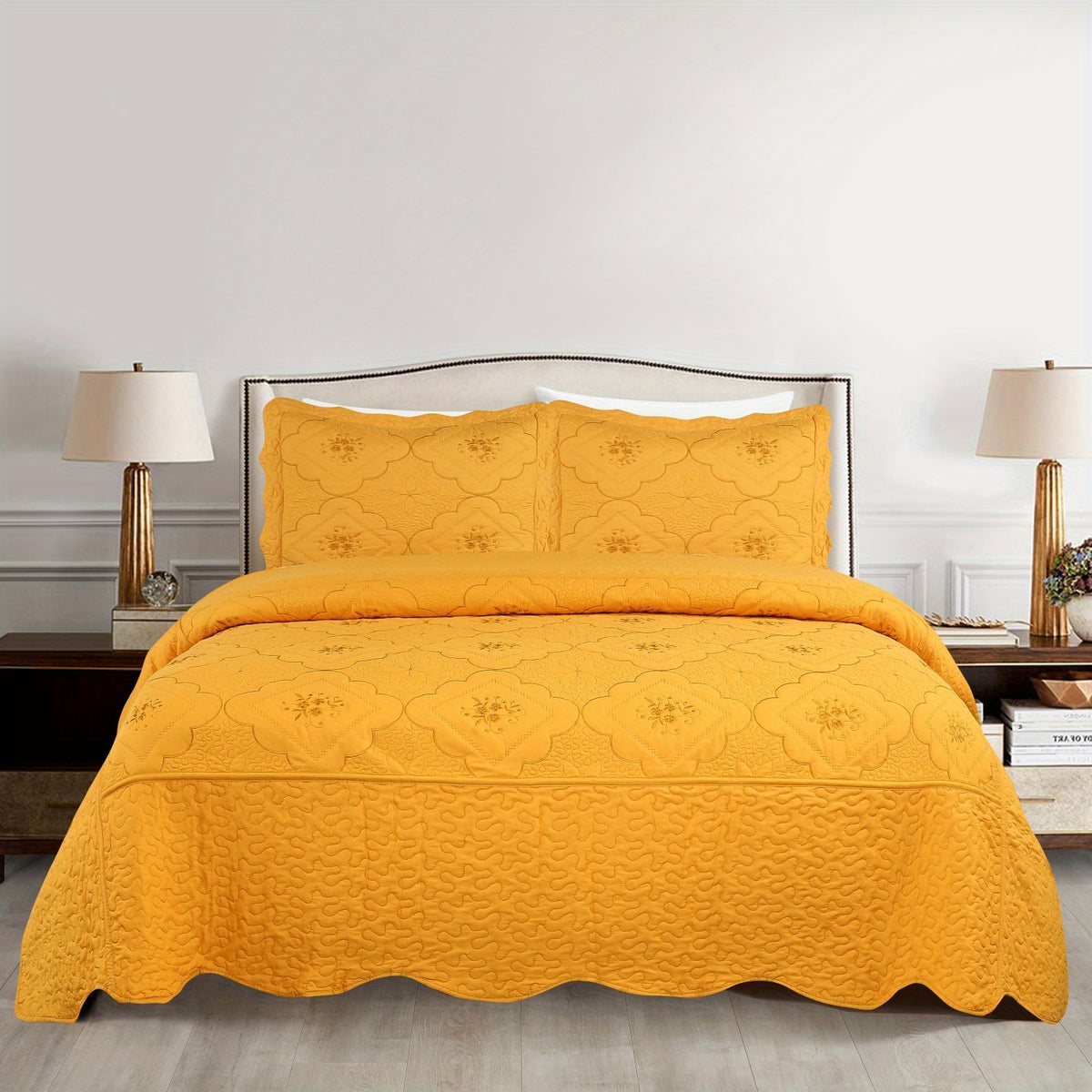 3pcs Exquisitely Crafted King/ Queen Size Quilted Bedspread Set with Intricate Floral Embroidery - 100% Polyester, Wrinkle - Resistant, Lightweight, Perfect for Adding A Touch of Elegance To Your Bedroom Decor
