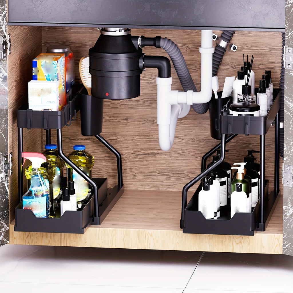 2pcs Under Sink Organizer with Sliding Shelves Multi-Purpose Black Plastic Storage Basket for Bathroom And Kitchen Cabinet Durable Construction Bathroom Organizer
