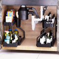 Plastic Under Sink Organizers 2 Pack, Black Two-Tier Cabinet Storage with Narrow Upper Baskets and Sliding Lower Drawers for Kitchen and Bathroom Supplies