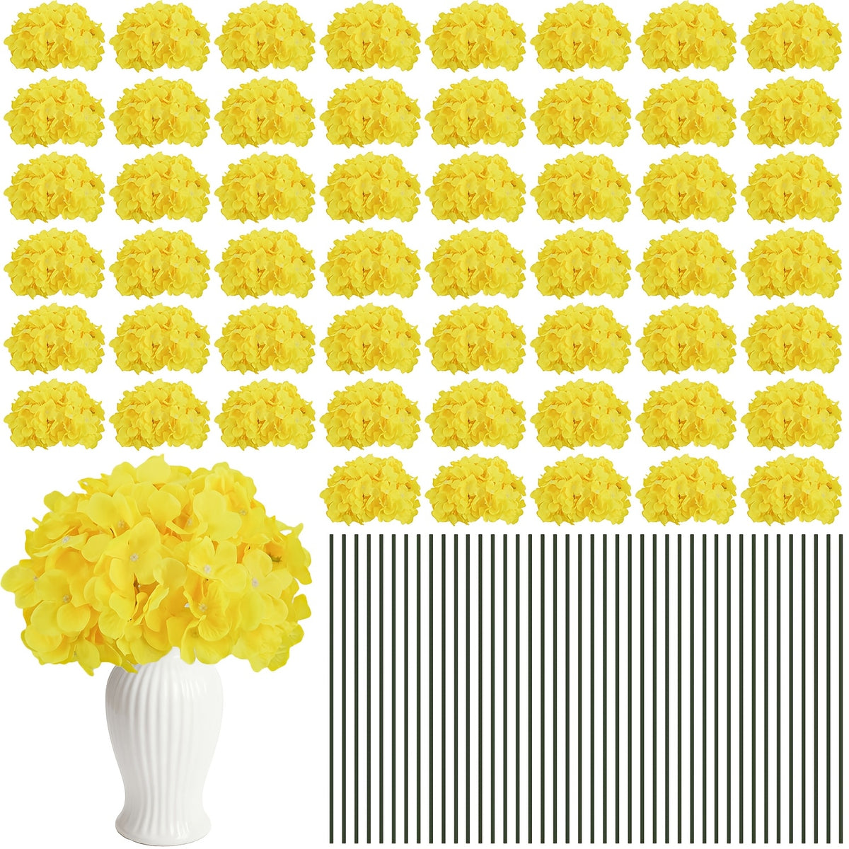 Set of 24 Synthetic Hydrangea Blooms with Stems, Ideal for Wedding Decorations, Home Parties, Baby Showers, And Store Displays. These Floral Arrangements Are Long-Lasting And Can Be Reused, Available in White, Orange, Blue, Dreamy Purple, Champagne