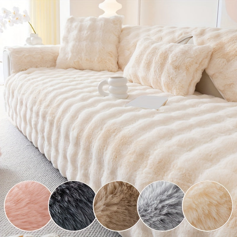 1pc Faux Rabbit Plush Sofa Cover, Winter Warm Thickened Plush Soft Sofa Cover, Pet Favorite, Dog Friendly Sofa Cover, Cushion Protection Cover, Anti Slip Sofa Furniture Protection Cover, Bedroom, Office, And Living Room Decoration Local Warehouse