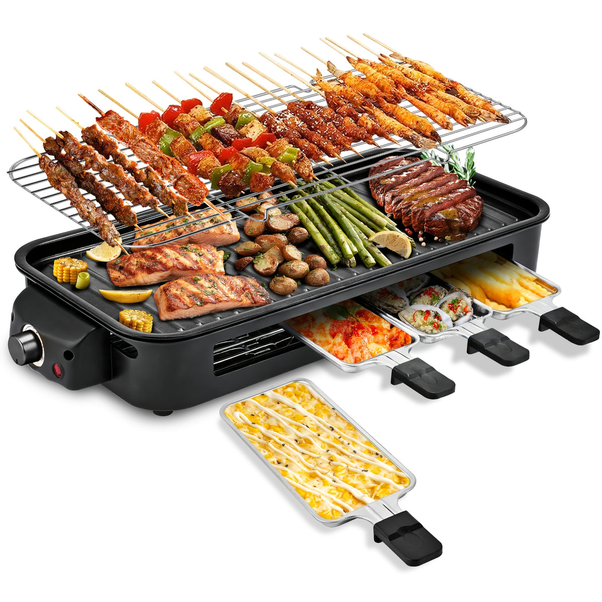 Tabletop Electric Raclette Grill, 1500W Indoor BBQ with Removable Nonstick Plate and 3 Mini Cheese Pans for Couples, Small Kitchens and Everyday Meals