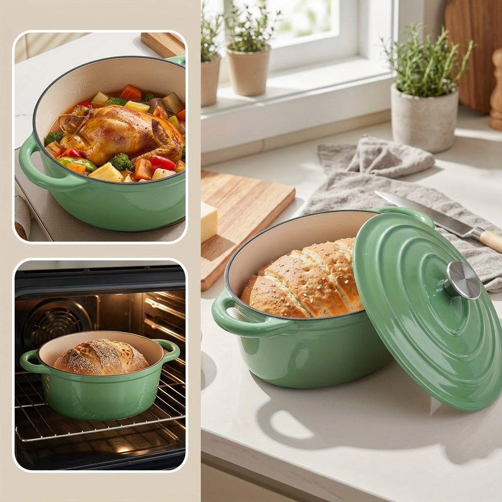 Cast Iron Enamel Dutch Oven, Lidded Dual-Handle Cooking Pot in Five Color Options for Home Bread Baking, Slow Cooking and Roasting