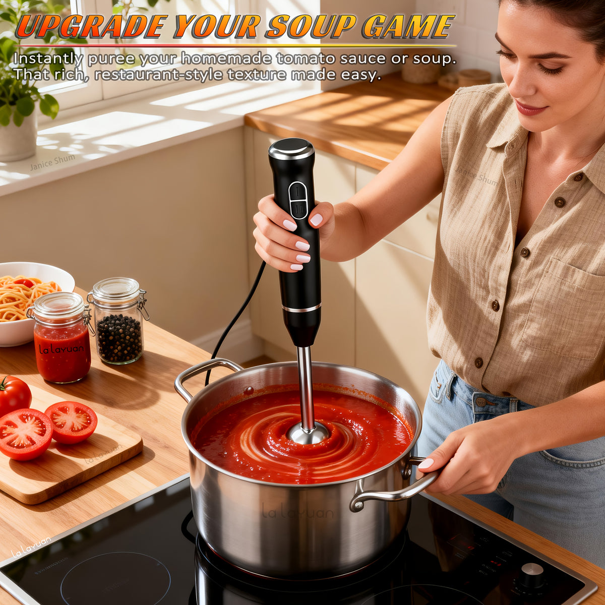 Lalayuan Electric Immersion Blender, Power Handheld Blender, 400W Portable Stick Mixer with 2 Mixing Speeds&Turbo Mode, 304 Stainless Steel Blades, Easy to Grip Speed Corded Hand Mixer, Perfect for Soup Smoothie Puree Food Fruit, with Detachable Base