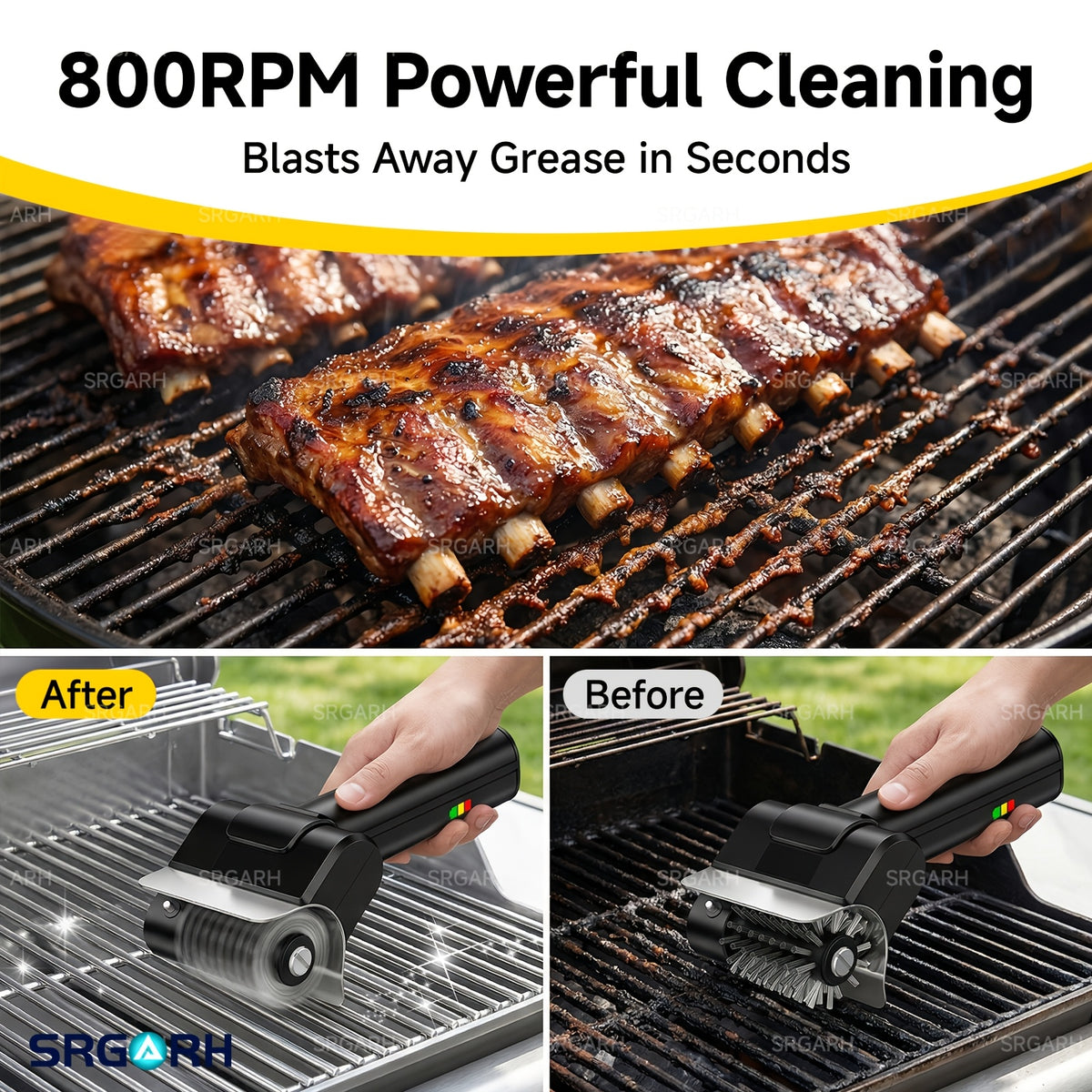 [Portable Outdoor BBQ Scrubber] Cordless Electric Grill Brush, 800 RPM Rotating Grill Cleaner, 2000Mah Rechargeable Battery, 304 Stainless Steel Bristles BBQ Cleaning Tool, Includes Replacement Brush Head And 1 Pair Gloves, Portable Outdoor Barbecue Grill