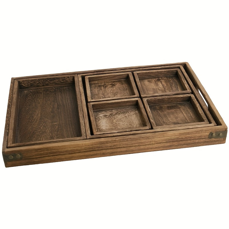 7pcs Paulownia Wood Nesting Serving Trays Set - Wood Grain Suitable for Home Decor, Coffee Table, Rustic Farmhouse Organizer with Space-Saving Nestable, Lightweight Breakfast & Party Trays for Snacks, Desserts, Drinks
