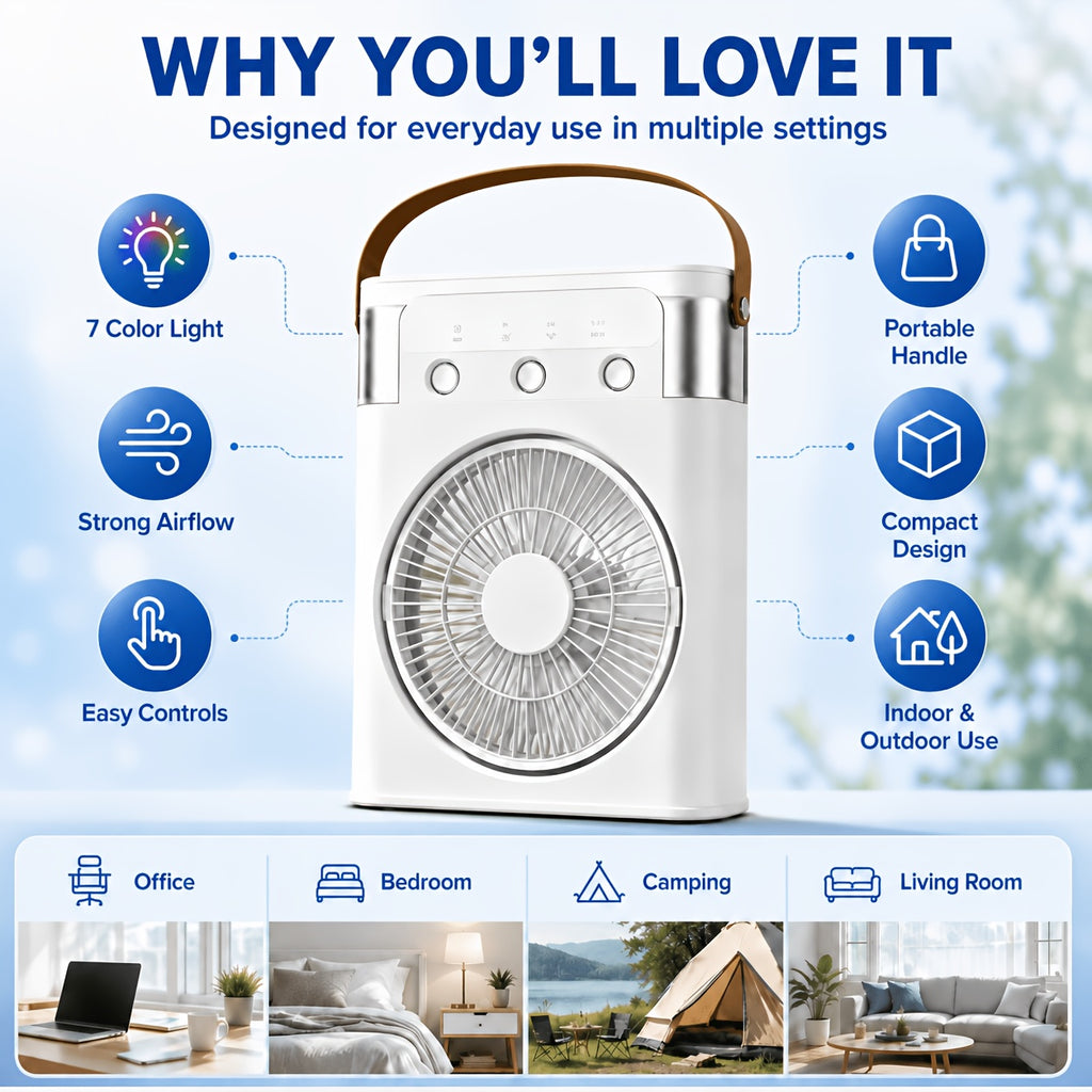 Portable USB Mist Fan With A Powerful 3300mAh Rechargeable Battery, Three Wind Speeds And Two Mist Modes, Comes With A Seven-color LED Mood Light And Timer Function, Perfect For Bedrooms, Offices, Dorms, And Camping To Help Ease The Summer Heat.