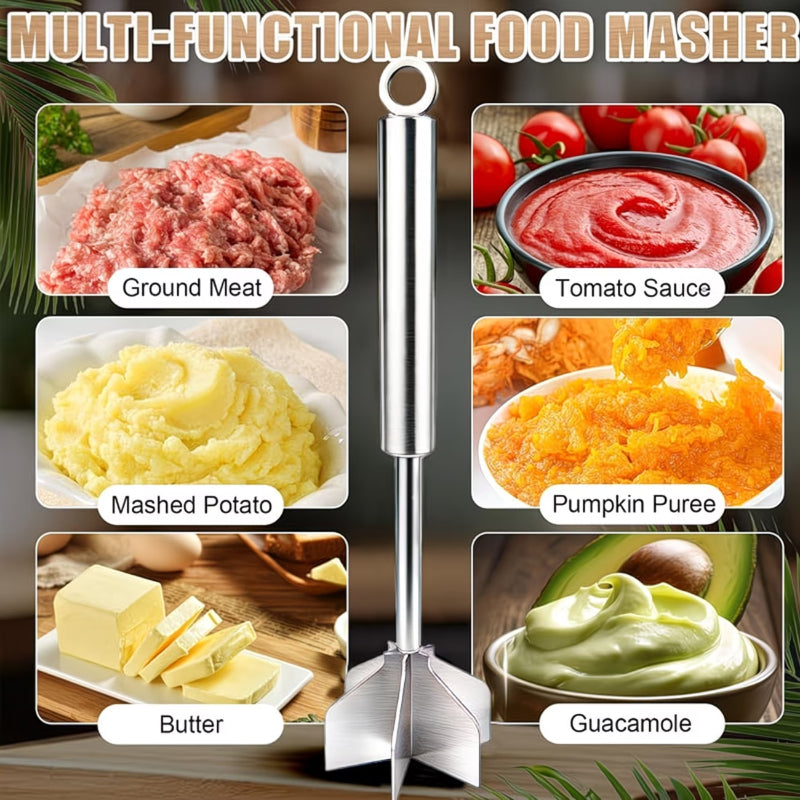 [Stainless Steel Meat Chopper] Meat Chopper 304 Stainless Steel Meat Chopper - With 6 Curved Blades, Heat Resistant Burger Meat Grinder, Non-Stick Mixing Chopper, Ground Beef Mashers, Potato Mashers Tools, Heavy Duty Food Grade Mixer Utensil for Home Meal