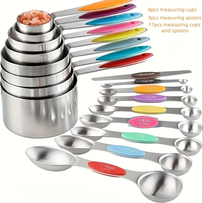 8pcs Measuring Cups/ 9pcs Measuring Spoons/ 17pcs Measuring Cups + Measuring Spoons Are Suitable For Both Dry And Liquid Ingredients - Very Suitable For Kitchen Tools, Kitchen Supplies, And Kitchen Accessories For Cooking And Baking.