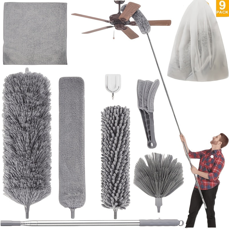 9/12pcs Microfiber Duster Kit for High Ceiling, Extendable Dusters for Cleaning with 100" Extension Pole, Washable and Retractable Long Feather Duster for Home Car Furniture Cobweb, Blinds, House Cleaning Tool Kit
